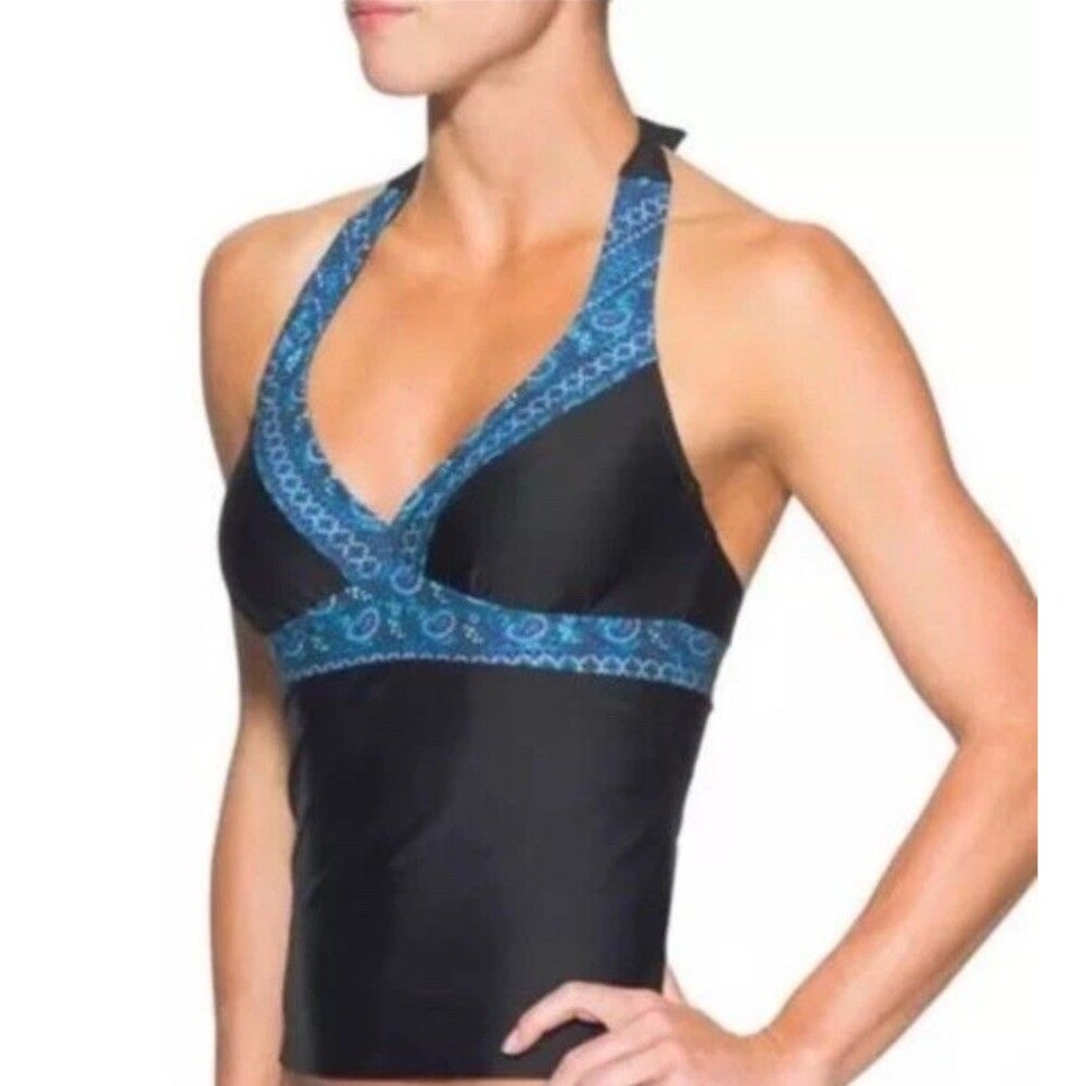 Athleta Ventana Tankini Swim Top Black Blue Trim Women's Size 34D/DD UPF 50+